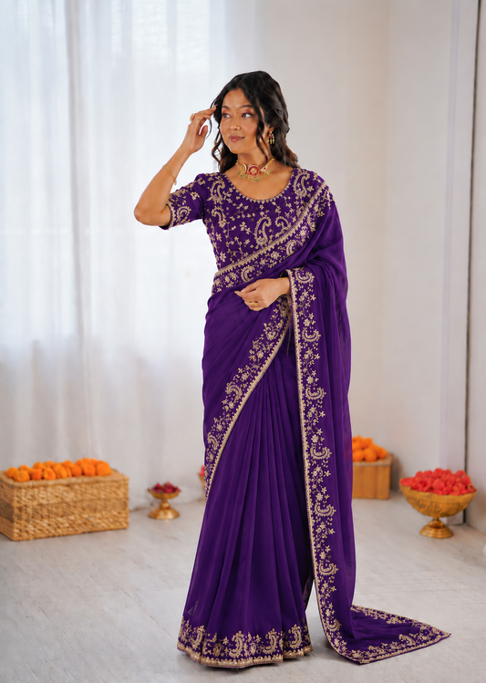 Beautiful Soft Rich Fandy Satin Silk Sequence Embroidery Work Saree