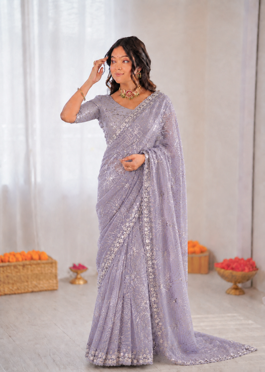 Beautiful Soft Rich Butterfly Net , Multi Sequence & Embroidery Work Saree