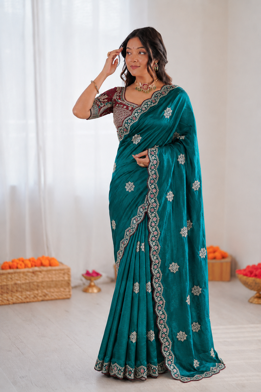 Beautiful Pure Soft Fandy Satin Silk With Embroidery Sequence Work Saree