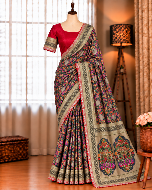 Beautifull Row Silk With Hand Daying Embroidery Work Saree