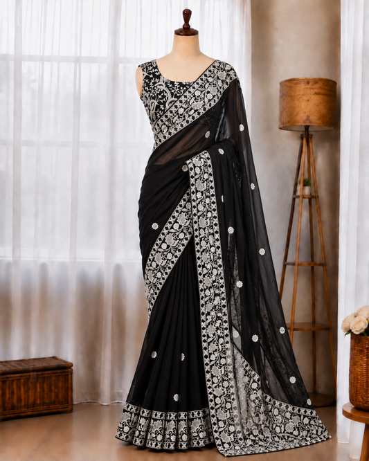 Beautifull Faux Georgette Elegent Embroidery Work Saree
