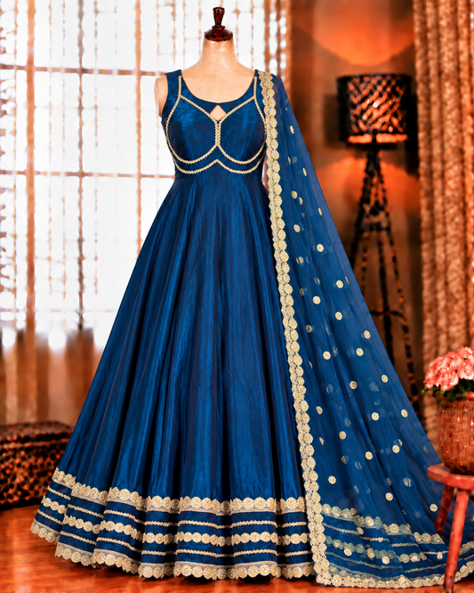 Blue Color Fendy Silk With Micro Cotton Gown