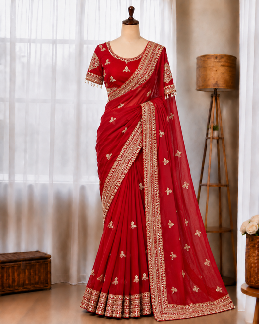 Red Color Soft Shining Embroidery Work Saree