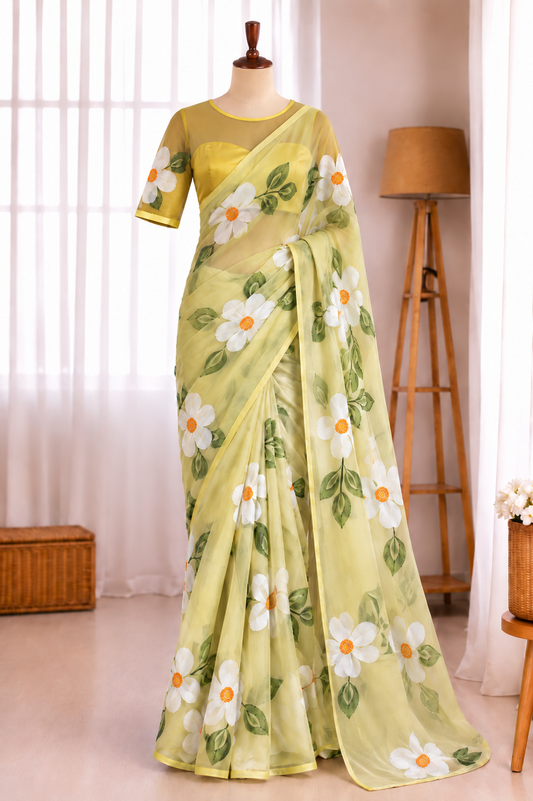 Yellow Color Chiffon Handbrush Print Work Saree