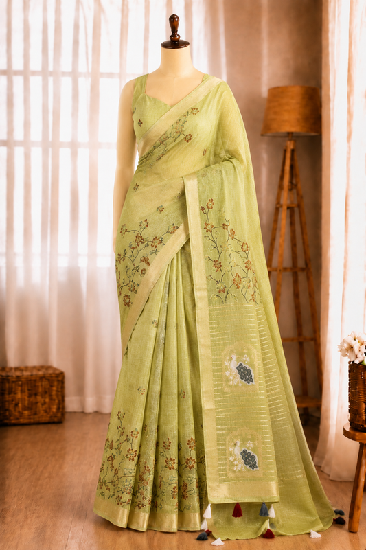Linen Cotton Motif Zari Thread Weaving Jacquard Saree