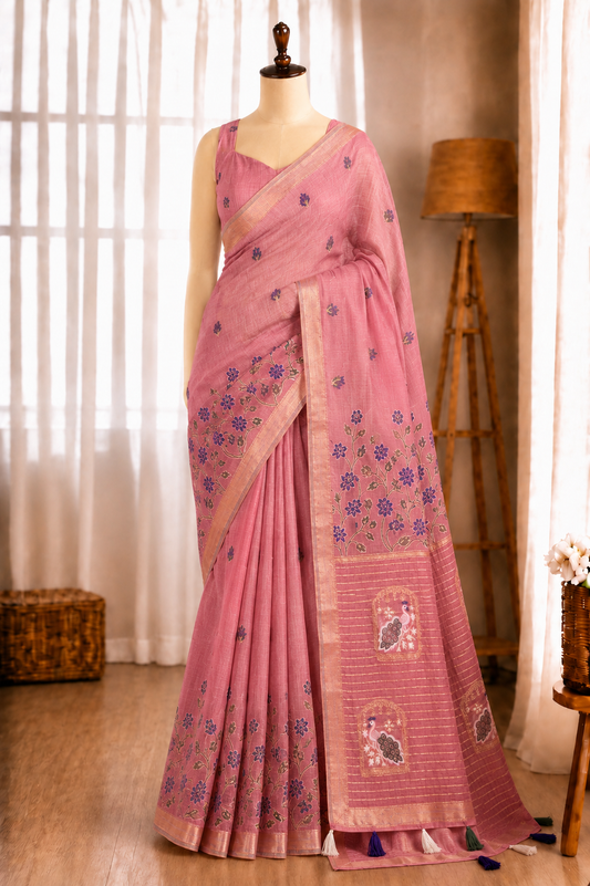 Linen Cotton Motif Zari Thread Weaving Jacquard Saree