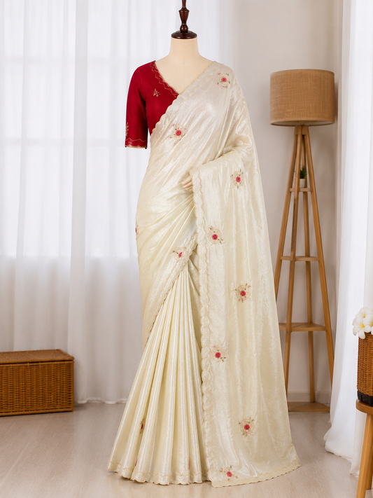 Beautiful Fandy Satin Saree With Handwork Butta And Cutdana Work