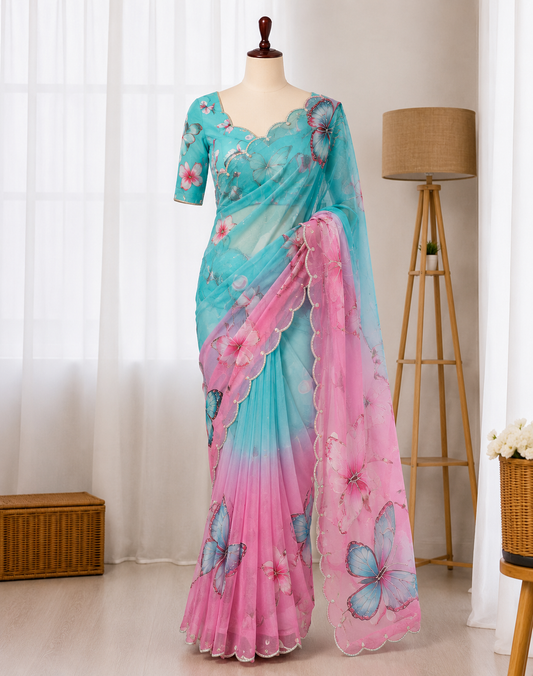 Beautifull Soft Tabby With Real Mirror With Butterfly Work Saree