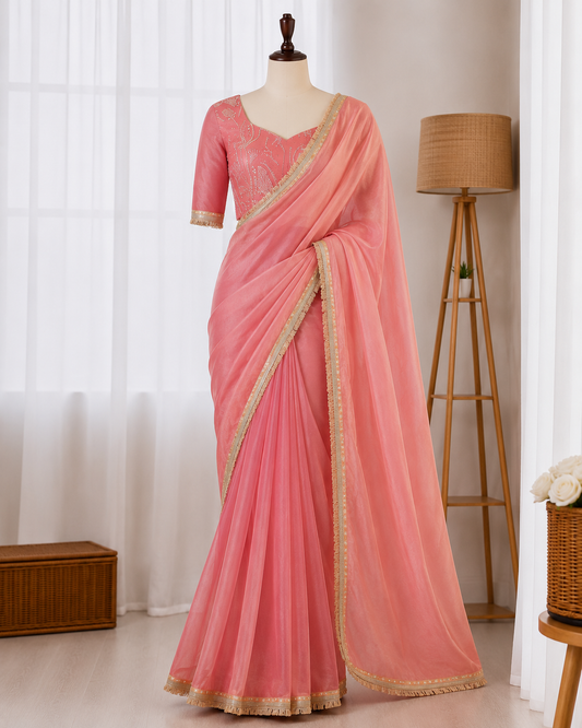 Beautiful Fendy Silk Saree With Fancy Lace And Sequin Embroidery Work