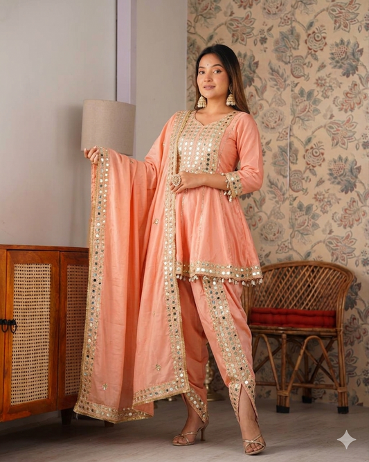 Beautifull Chanderi Mirror Embroidery Work Top Dhoti