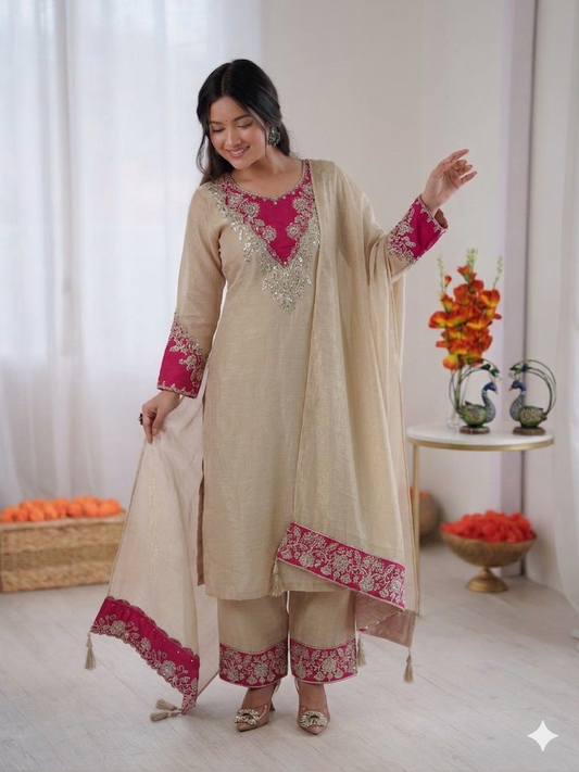 Beautiful Heavy Crunchy Silk Suit Set With Elegant Embroidery Cut Work