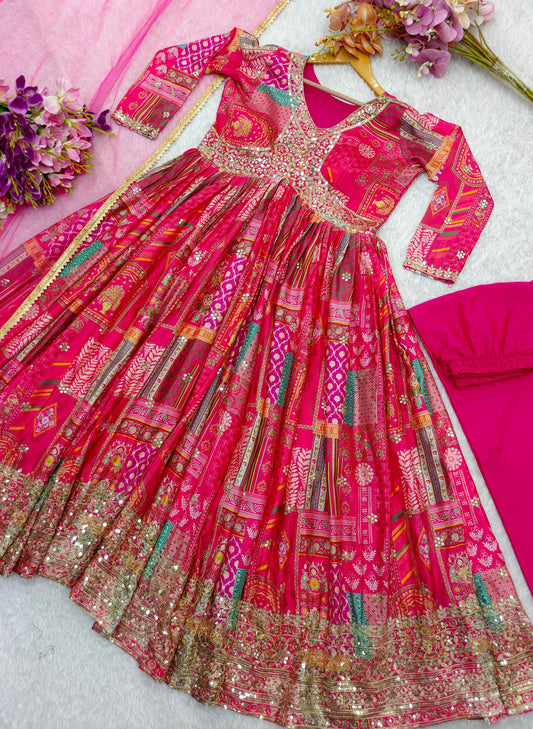 Pink Color Chinon Silk With Digital Print Work Gown