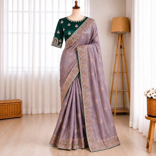 Heavy Embroidered Work Sattin Silk Saree