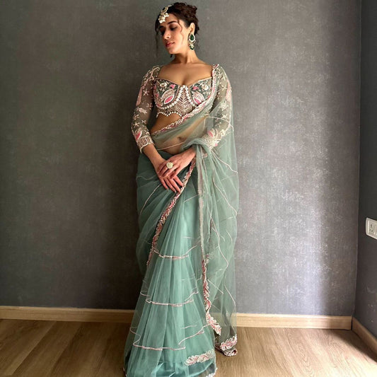 Trending Premium Net Pearl Work Blouse Party Wear Saree