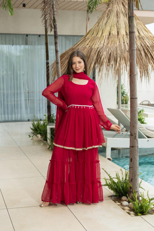 Red Color Pure Soft Fabric Micro Cotton Kediya Kurti With Plazzo