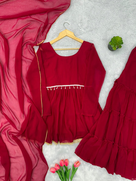 Red Color Pure Soft Fabric Micro Cotton Kediya Kurti With Plazzo