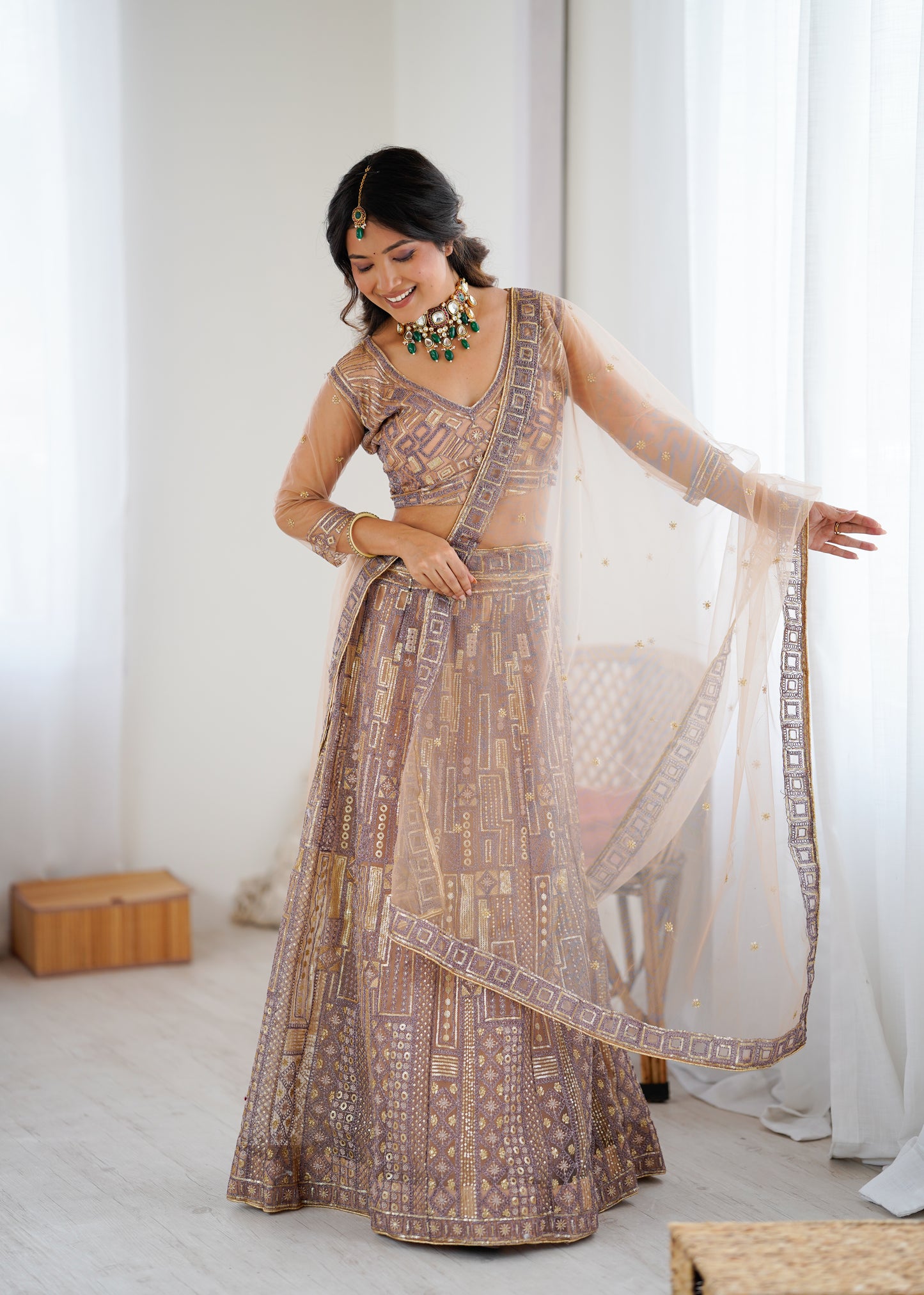 BUTTERFLY NET PREMIUM QUALITY BRIDAL LEHENGA CHOLI SET CREAM COLOR