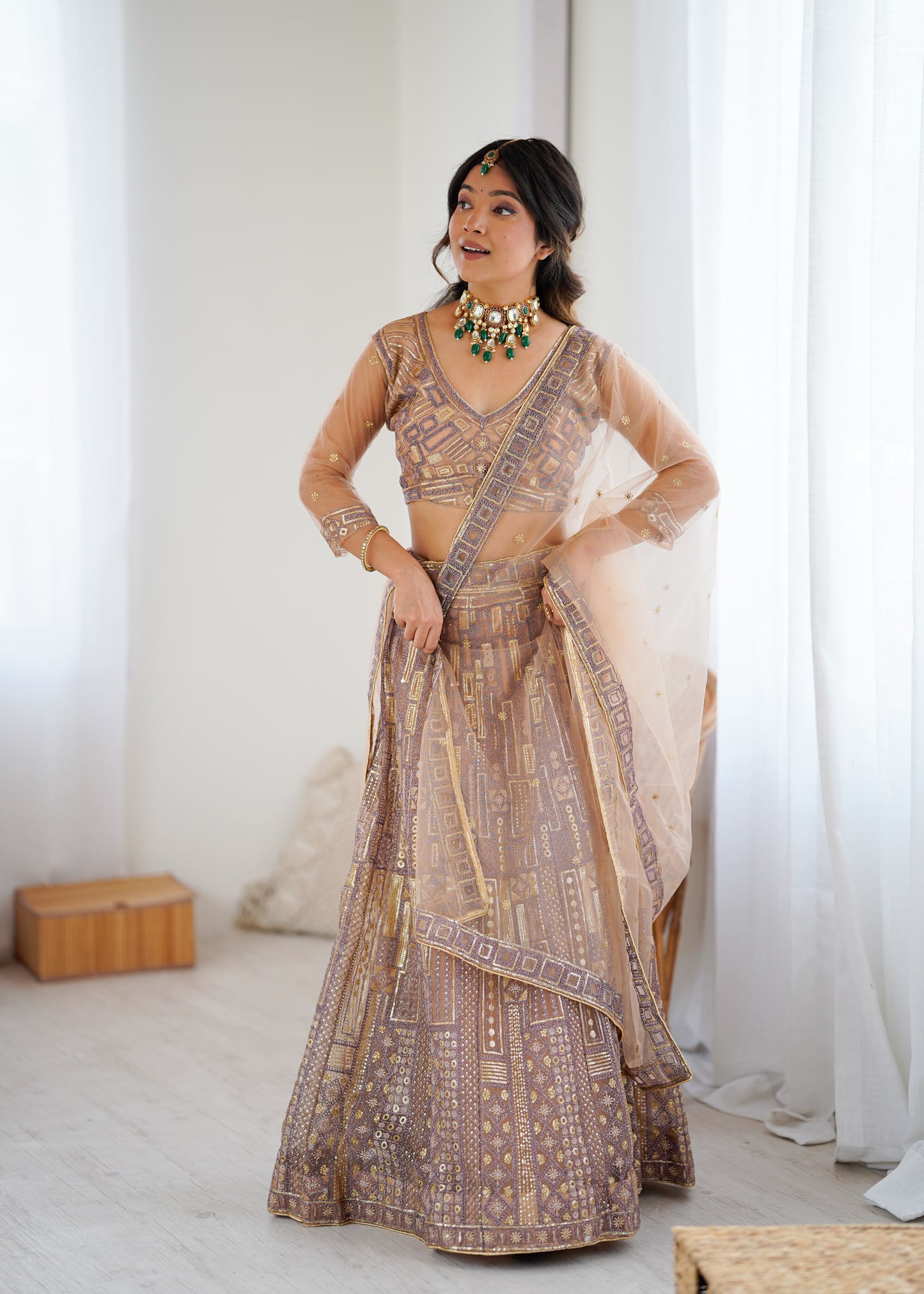 BUTTERFLY NET PREMIUM QUALITY BRIDAL LEHENGA CHOLI SET CREAM COLOR
