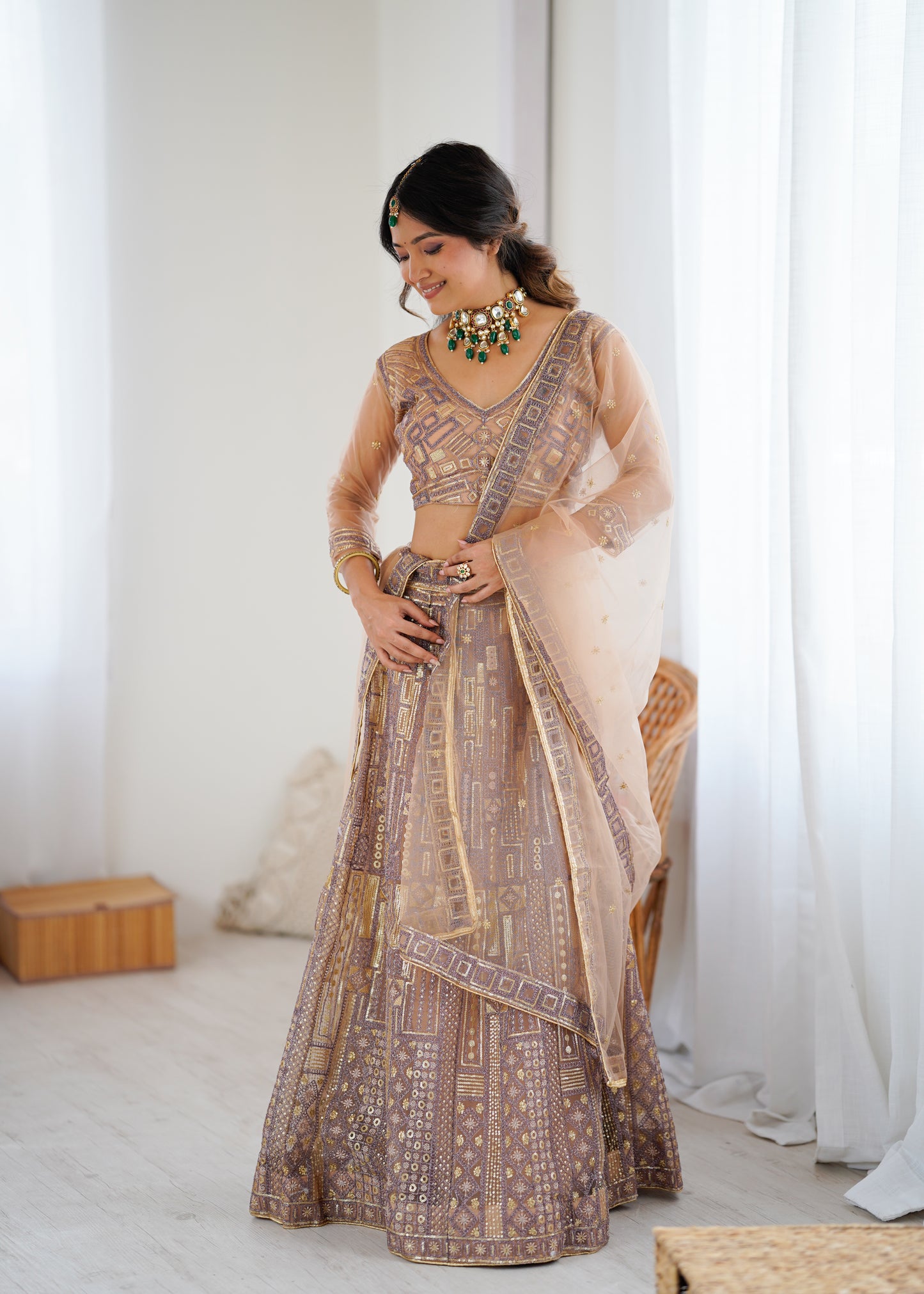 BUTTERFLY NET PREMIUM QUALITY BRIDAL LEHENGA CHOLI SET CREAM COLOR