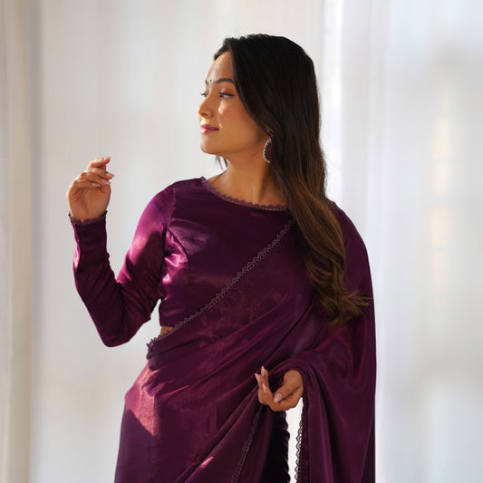 Ready To Wear Marble Velvet Fabric Purple Color Saree