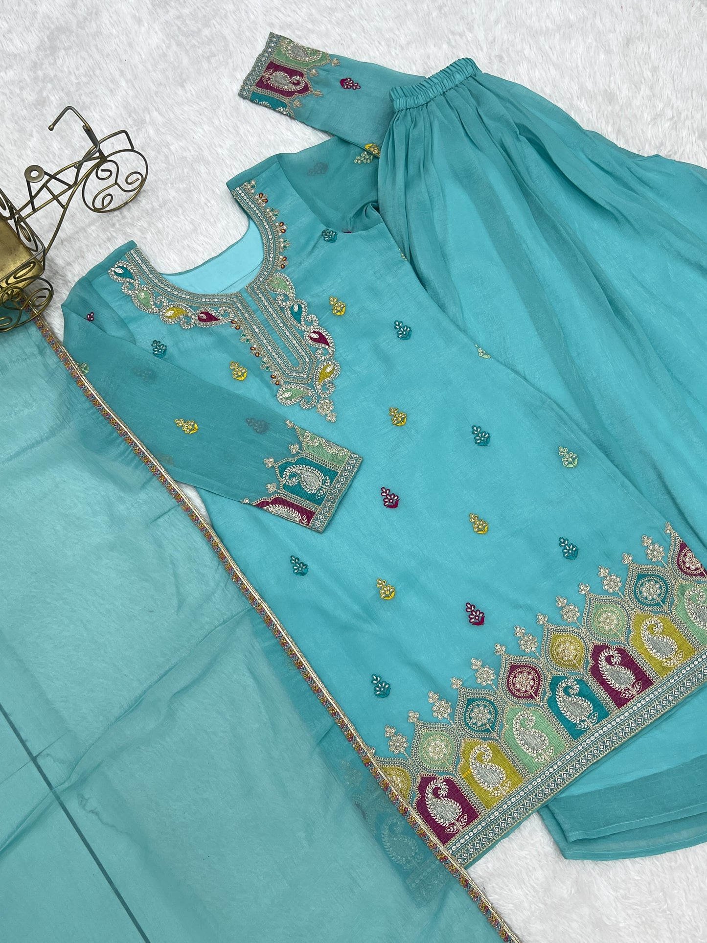 Beautifull Sky Color Crunchy Silk With Sequience Work Top Sharara
