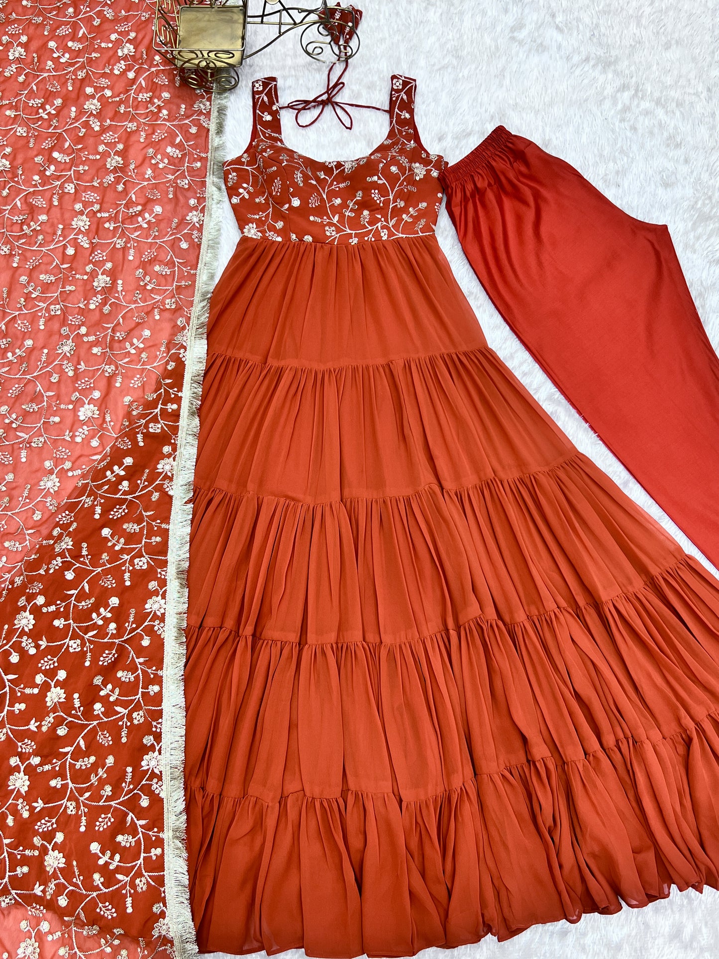 Pure Soft Fox Georgette Anarkali Gown Set With Huge Flair & Dupatta