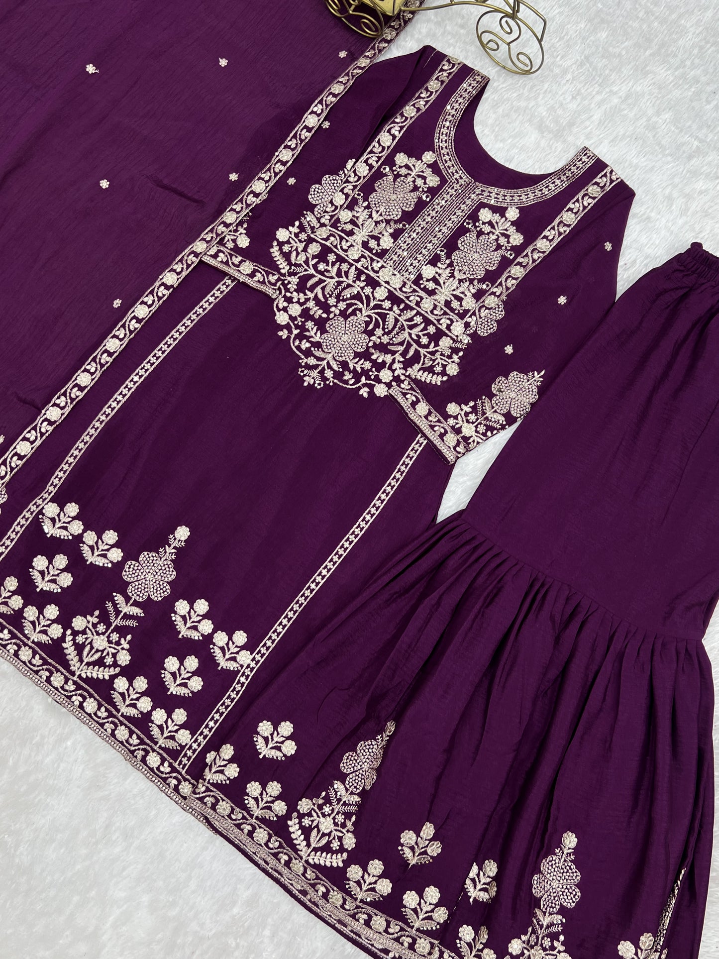 Beautifull Wine Color Chinnon Silk With Embrodiery Work Top Sharara