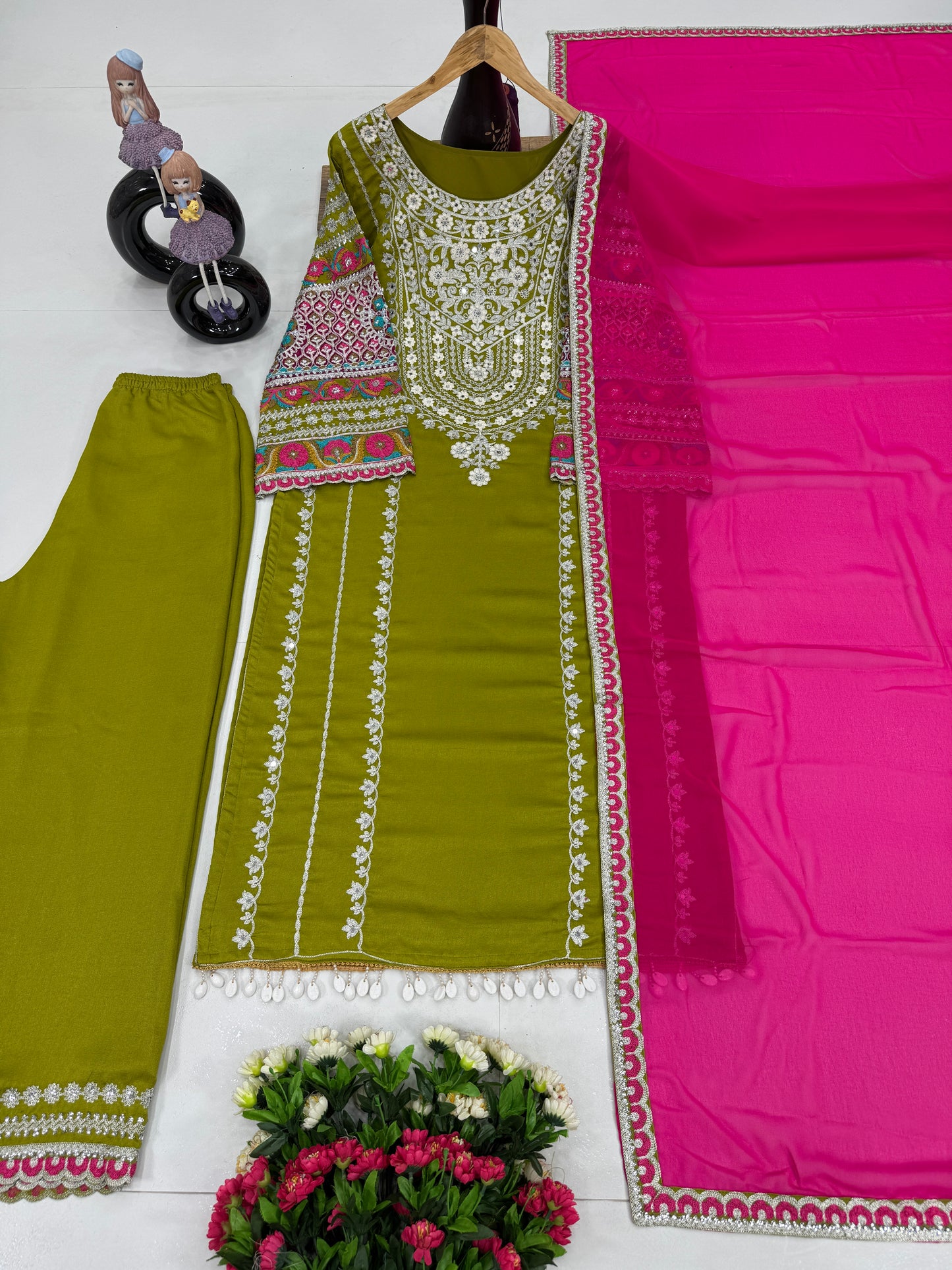 WOMEN'S VICHITRA SILK EMBROIDERED KURTA & PLAZZO WITH DUPATTA SET
