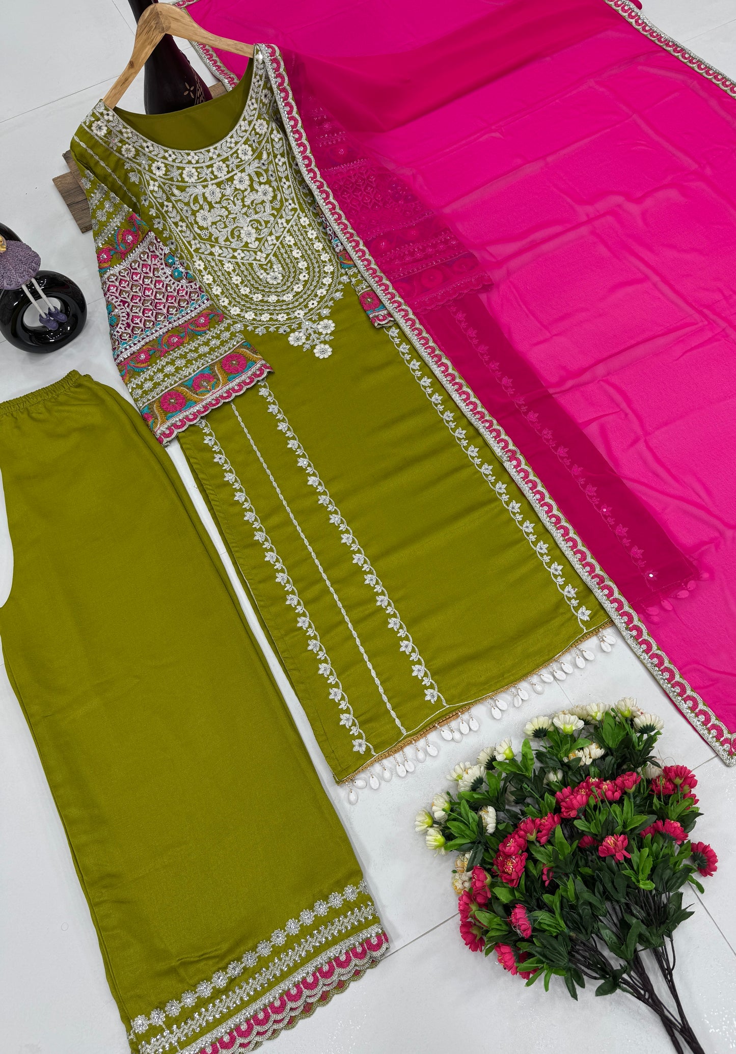 WOMEN'S VICHITRA SILK EMBROIDERED KURTA & PLAZZO WITH DUPATTA SET