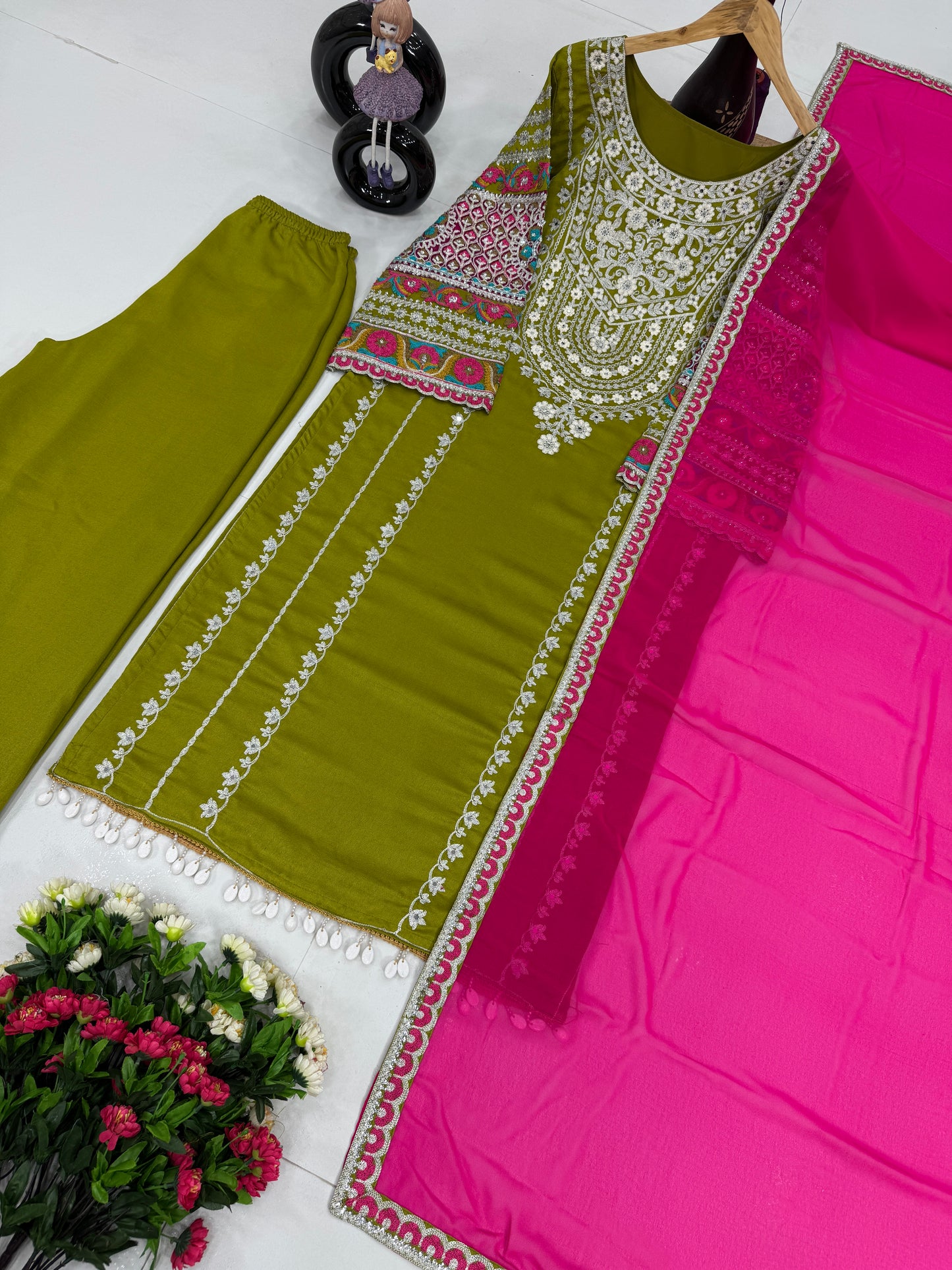 WOMEN'S VICHITRA SILK EMBROIDERED KURTA & PLAZZO WITH DUPATTA SET