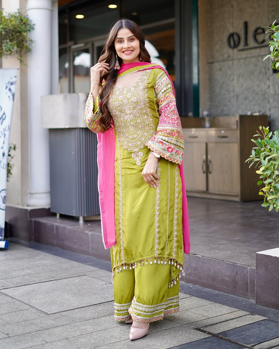 WOMEN'S VICHITRA SILK EMBROIDERED KURTA & PLAZZO WITH DUPATTA SET