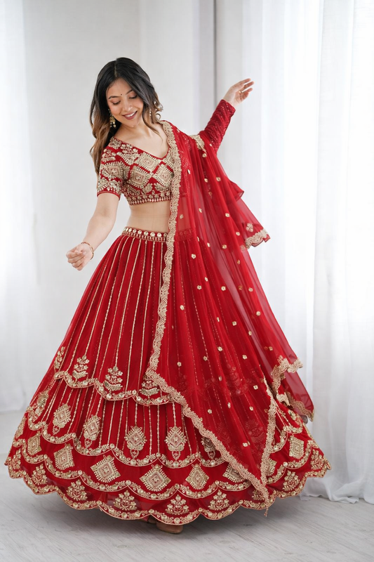 Beautifull Red Color Faux Georgette Sequience Embroidery Work Lehenga
