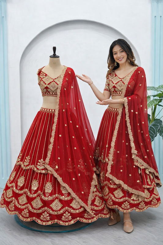 Beautifull Red Color Faux Georgette Sequience Embroidery Work Lehenga
