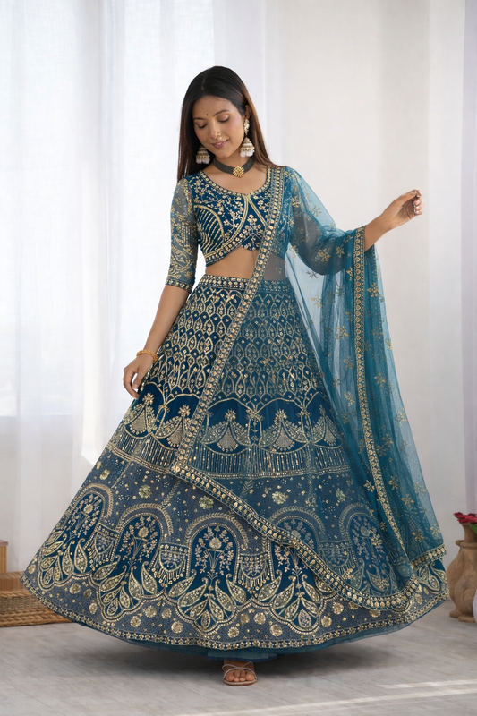 Beautifull Butterfly Net With Sequience Coding Work Lehenga