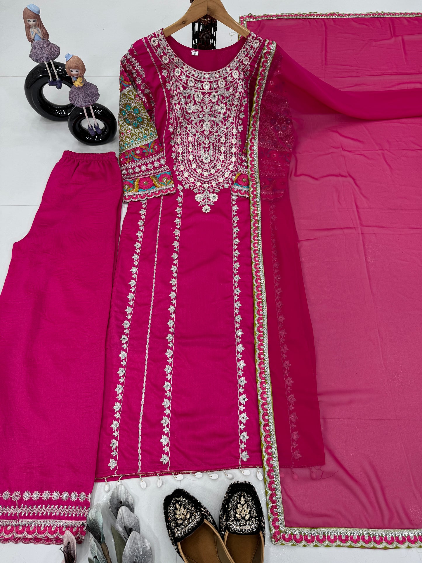 WOMEN'S VICHITRA SILK EMBROIDERED KURTA & PLAZZO WITH DUPATTA SET