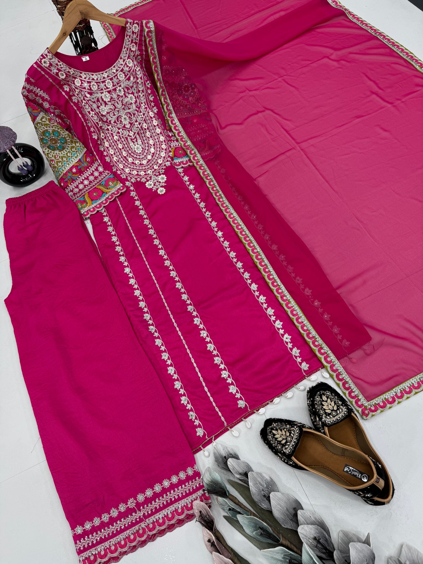 WOMEN'S VICHITRA SILK EMBROIDERED KURTA & PLAZZO WITH DUPATTA SET