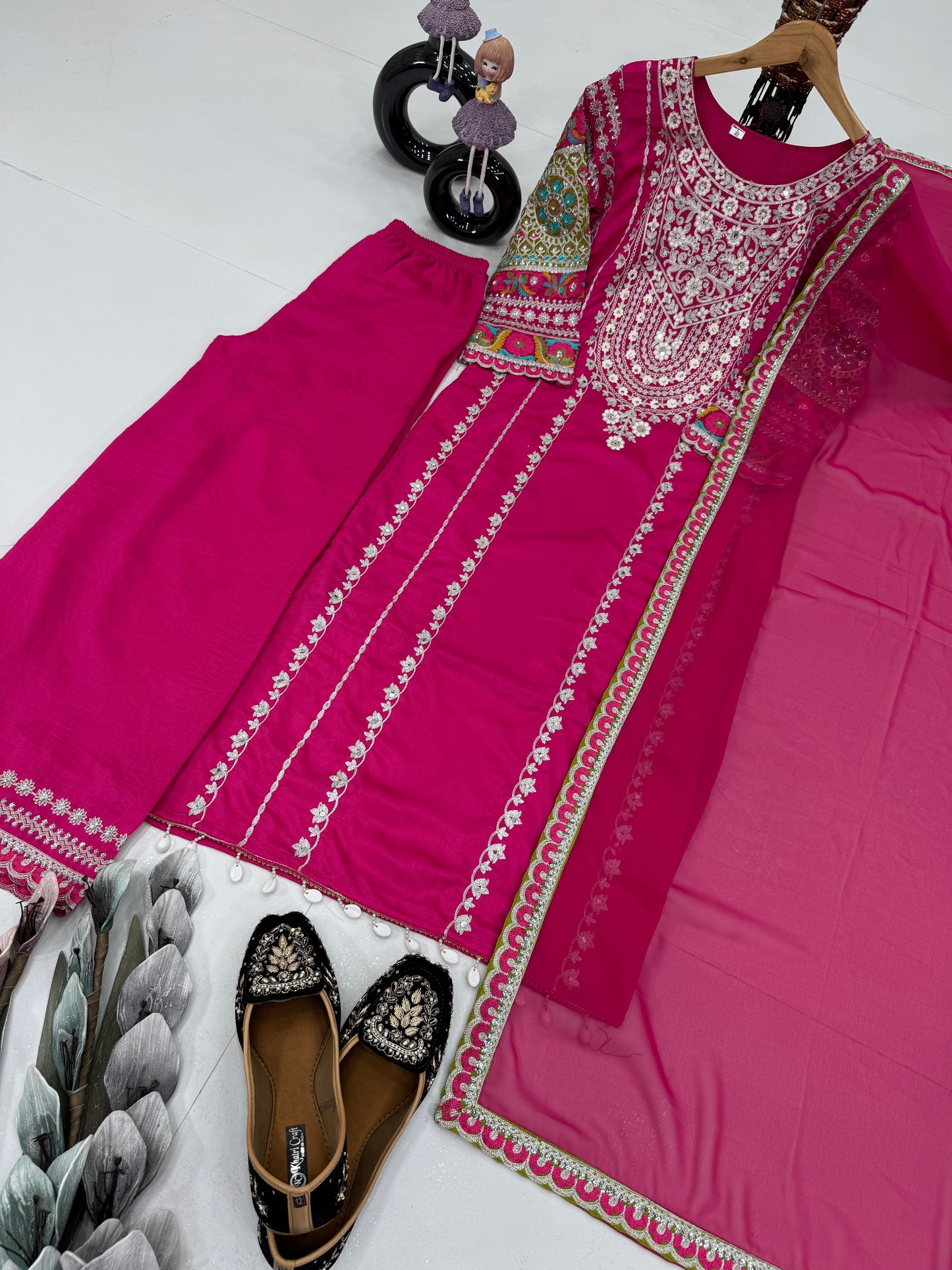 WOMEN'S VICHITRA SILK EMBROIDERED KURTA & PLAZZO WITH DUPATTA SET