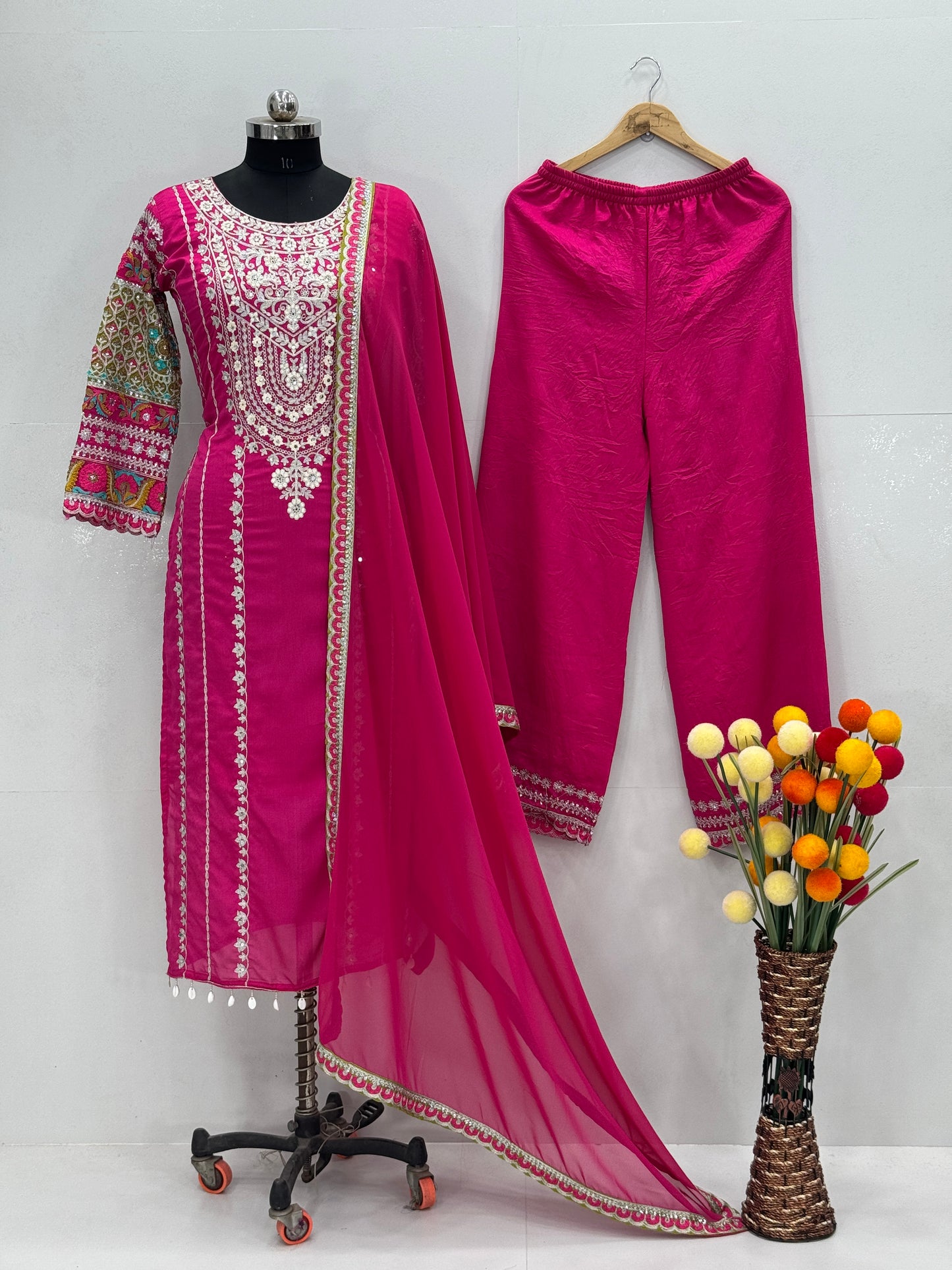 WOMEN'S VICHITRA SILK EMBROIDERED KURTA & PLAZZO WITH DUPATTA SET