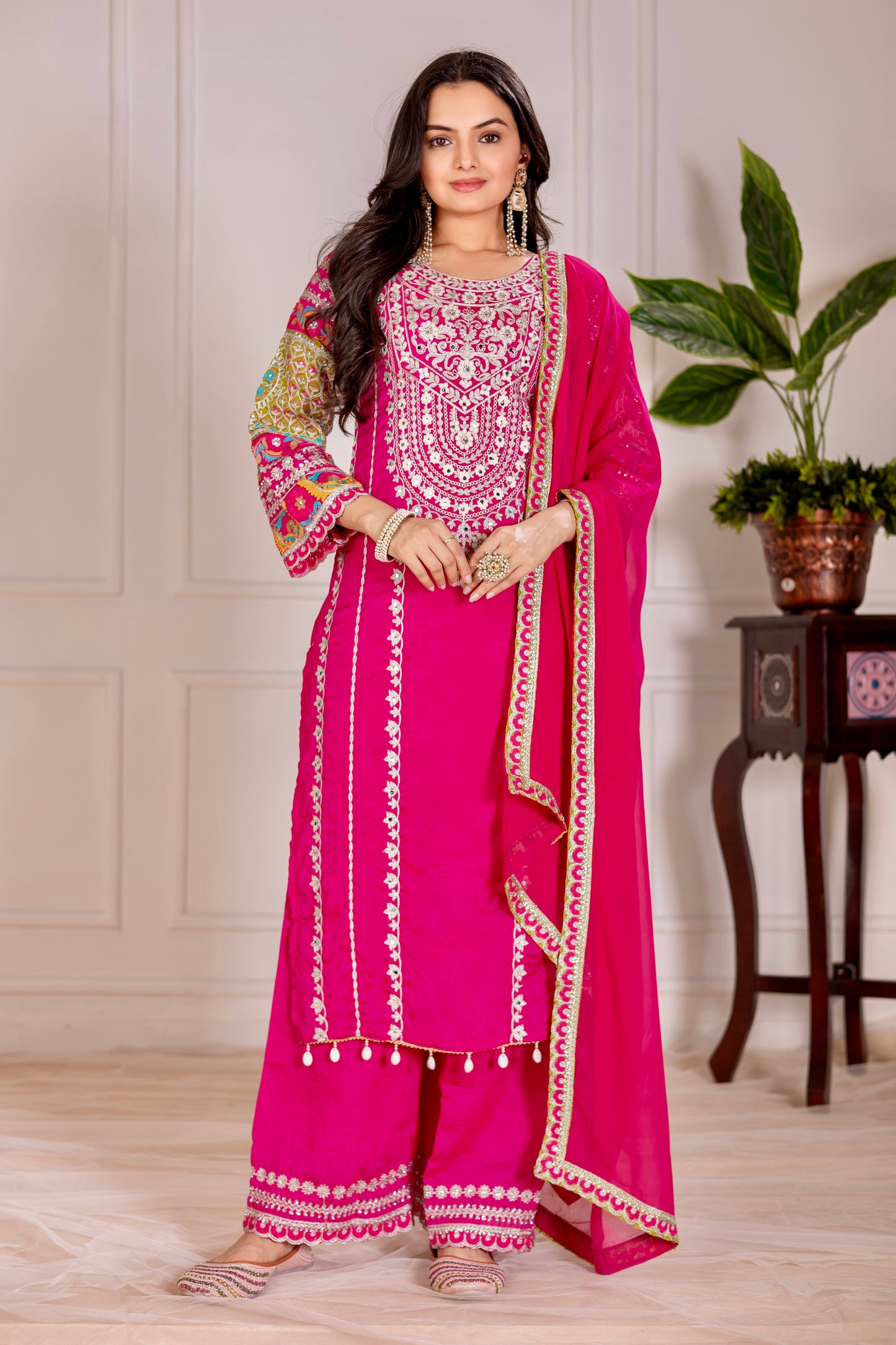 WOMEN'S VICHITRA SILK EMBROIDERED KURTA & PLAZZO WITH DUPATTA SET