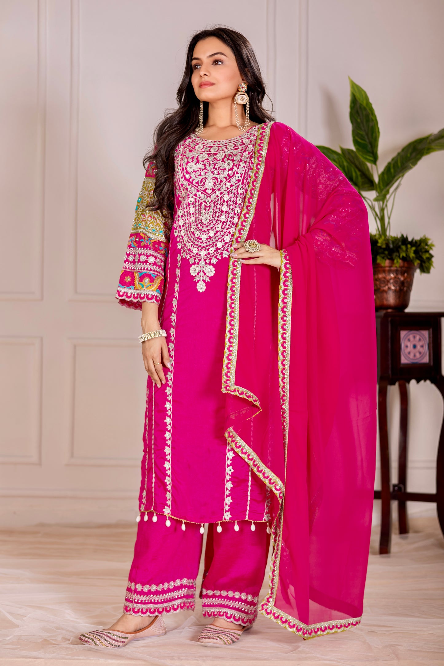 WOMEN'S VICHITRA SILK EMBROIDERED KURTA & PLAZZO WITH DUPATTA SET