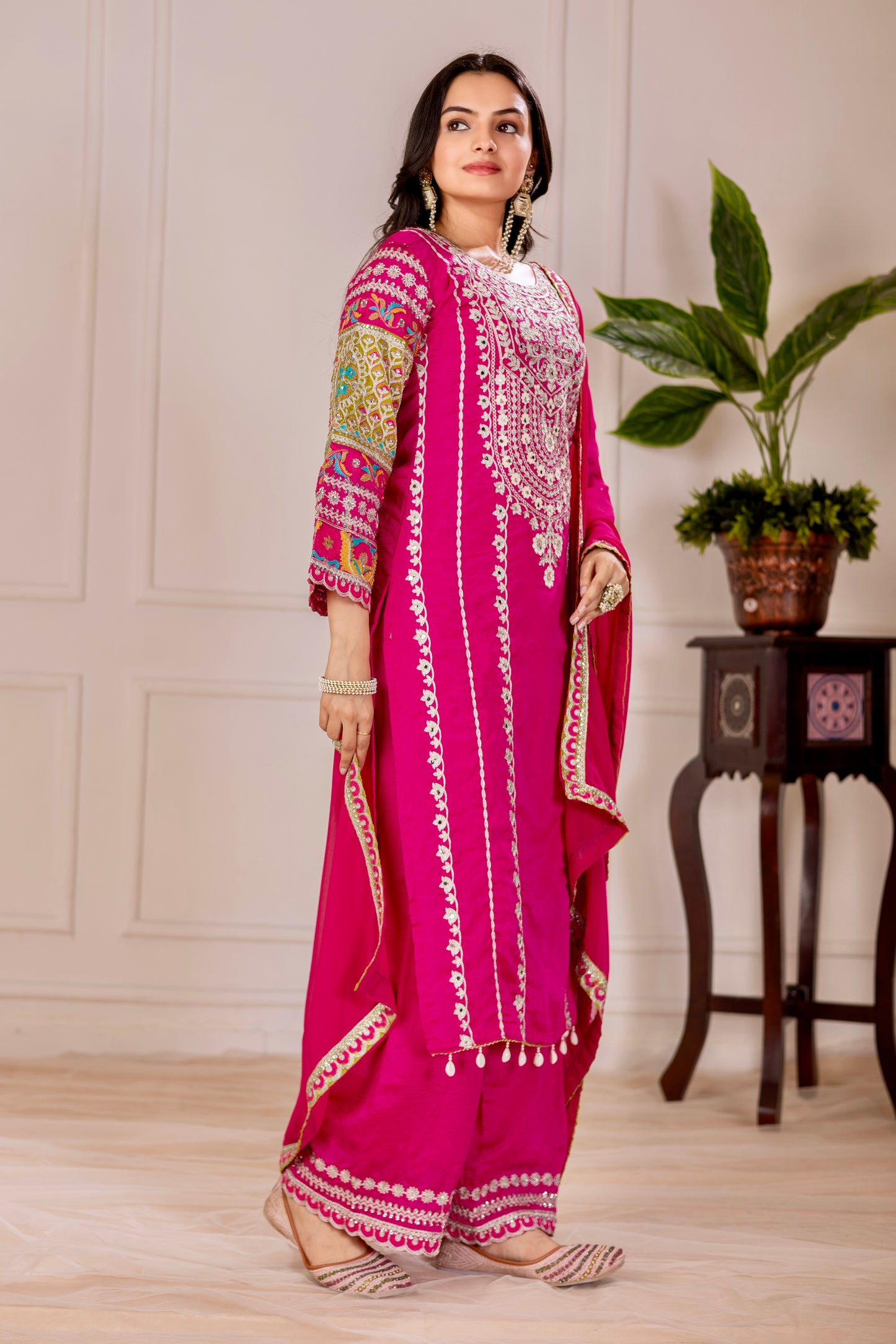 WOMEN'S VICHITRA SILK EMBROIDERED KURTA & PLAZZO WITH DUPATTA SET