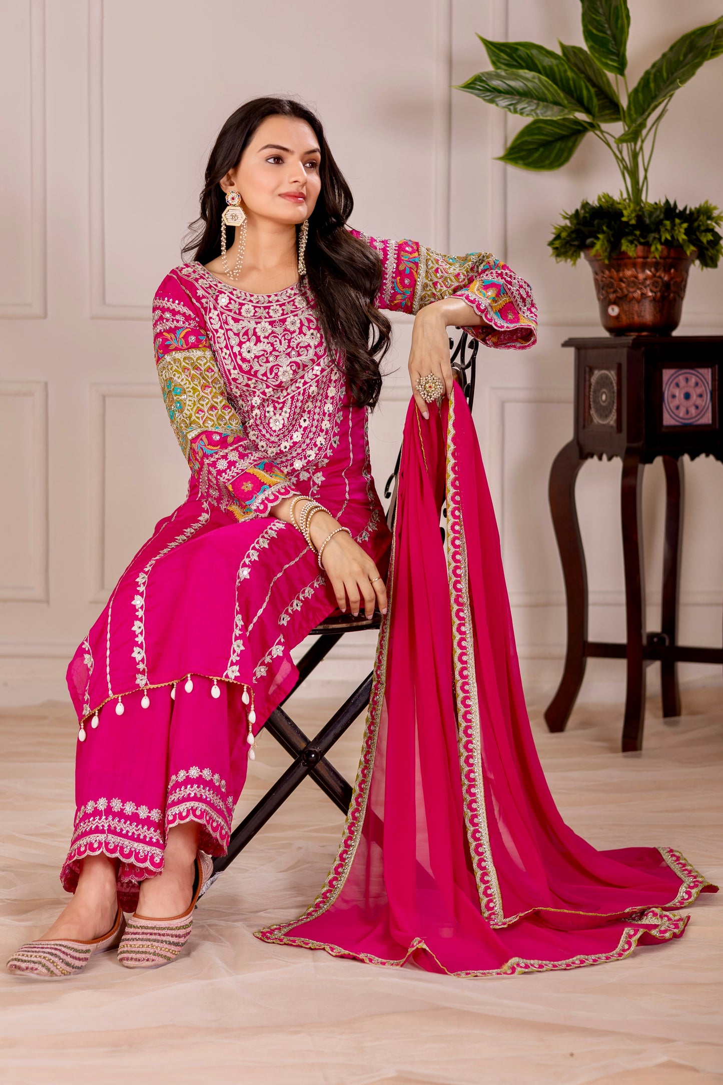 WOMEN'S VICHITRA SILK EMBROIDERED KURTA & PLAZZO WITH DUPATTA SET