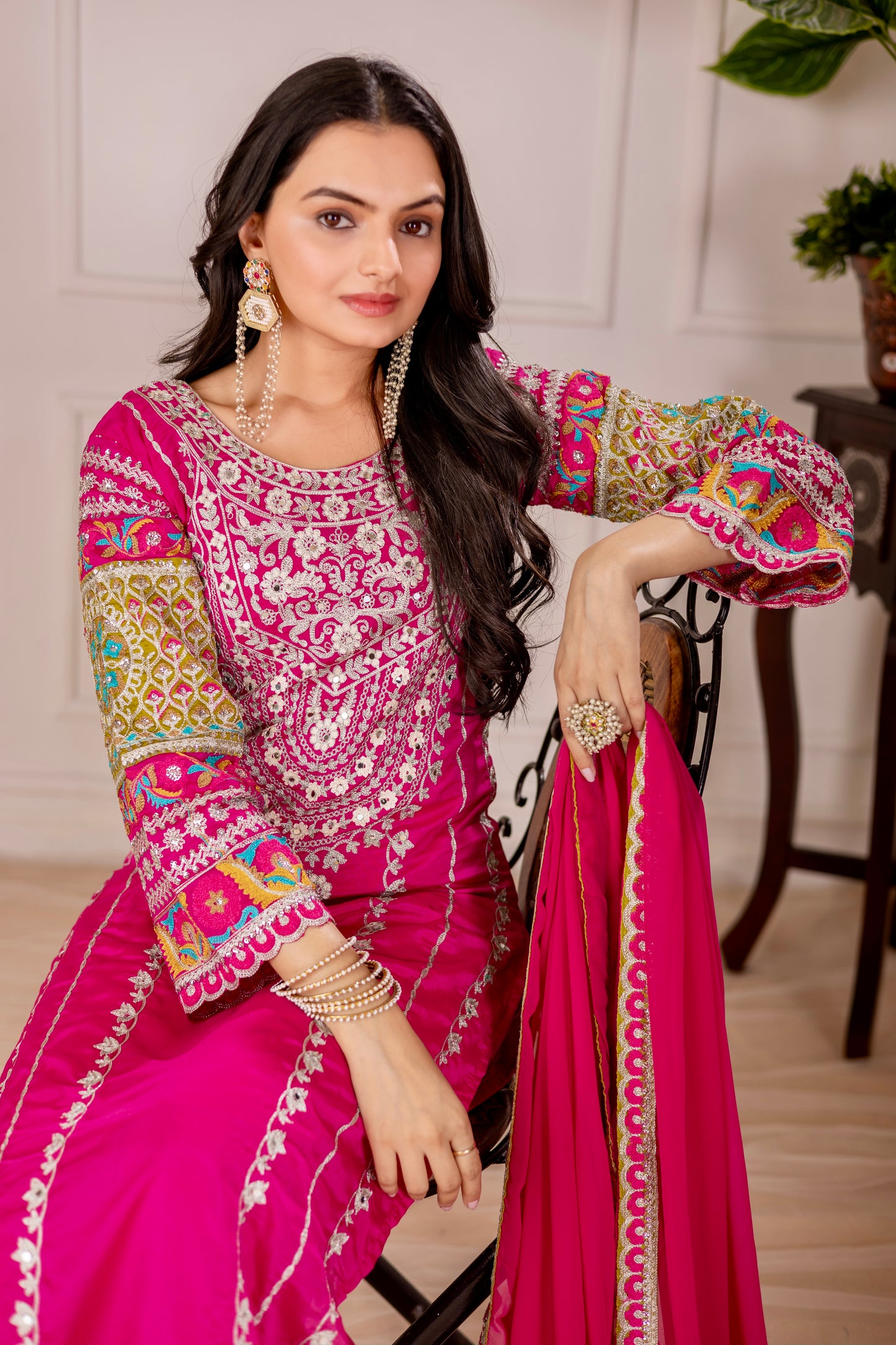WOMEN'S VICHITRA SILK EMBROIDERED KURTA & PLAZZO WITH DUPATTA SET