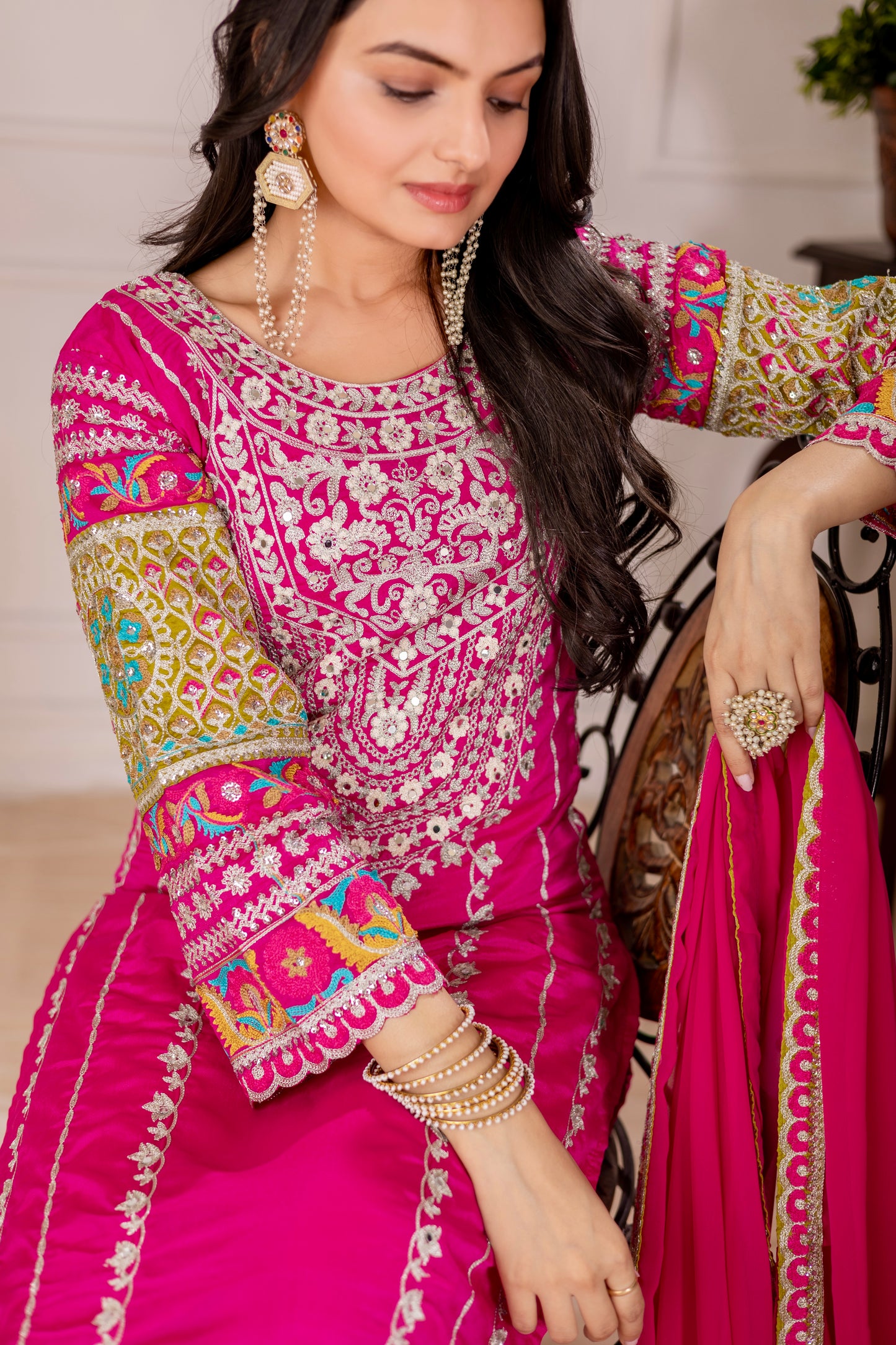WOMEN'S VICHITRA SILK EMBROIDERED KURTA & PLAZZO WITH DUPATTA SET