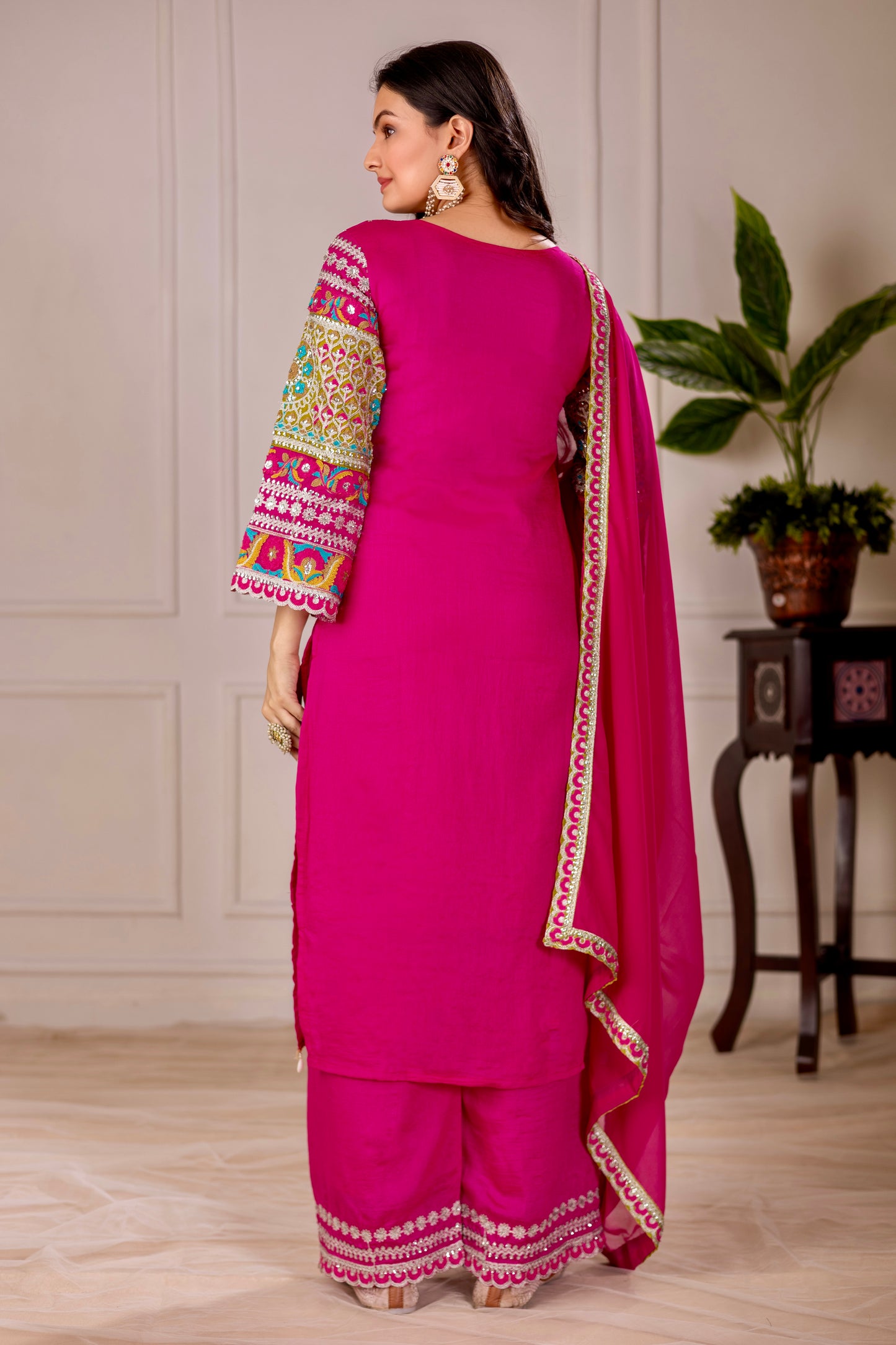 WOMEN'S VICHITRA SILK EMBROIDERED KURTA & PLAZZO WITH DUPATTA SET