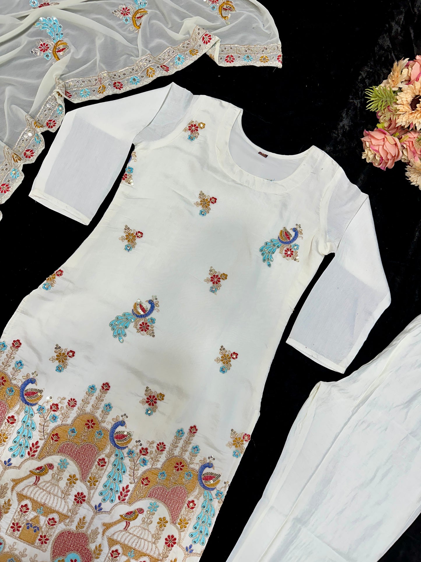 New Designer Multi Embroidery Work With Three Pair Suit