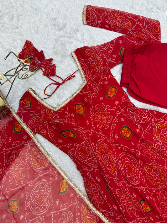 New Trending 8 MTR Pure Chiffon Bandhej Printed Anarkali Gown