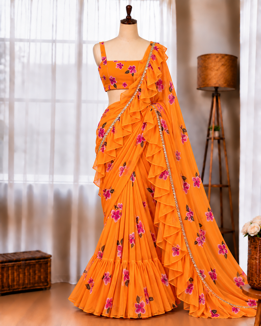 Faux Georgette Lehenga Set with Digital Print & Lace Dupatta