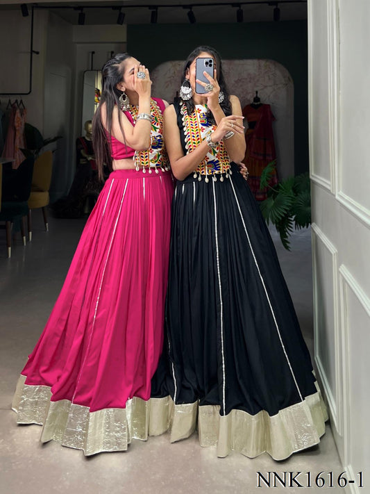 Navratri Special Reyon Fabric Plain Work With Lace Border Lehenga