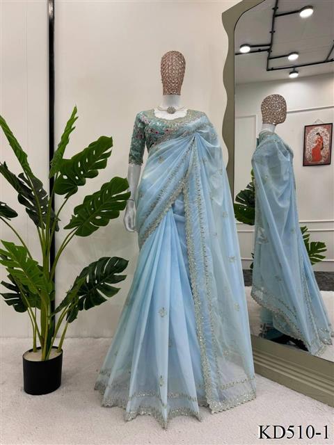 Sky Blue Color Tibby Silk With Sequience Work Saree